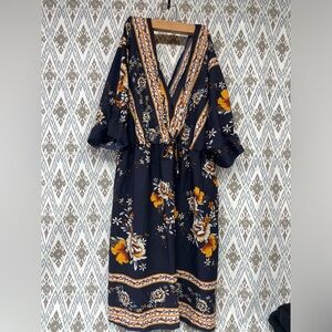 Women's  Boho Floral Print High Waist V Neck Flared A Line Short Dress